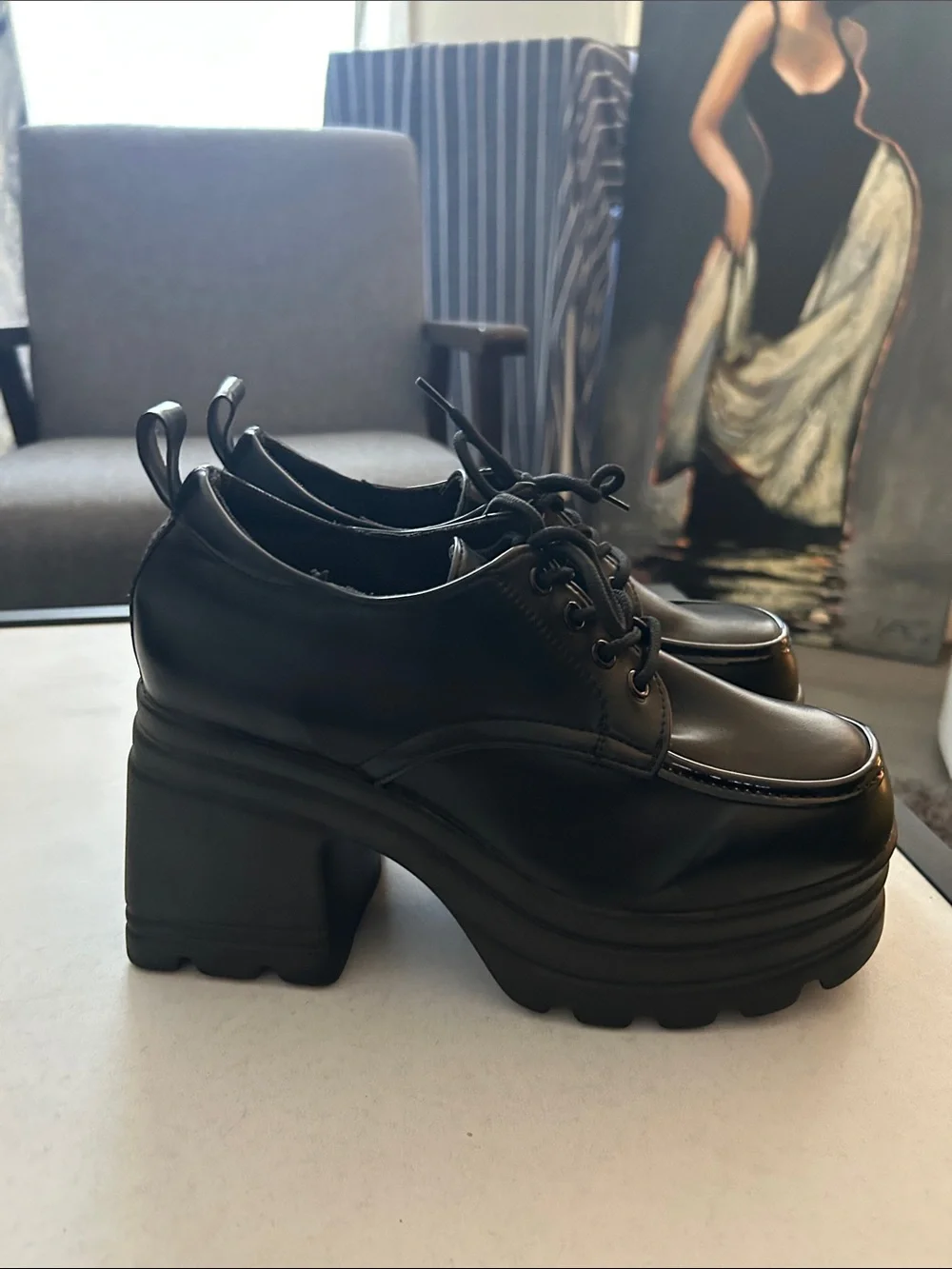 Chunky Black Platform Lace-Up Heels for Women Size 7.5